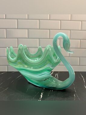 Vintage 50s Murano Swan Bowl Catch All Dish Green Swirl Glass MCM Home Decor